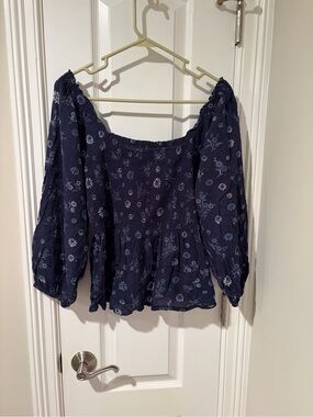 Madewell Navy Floral Smocked Top